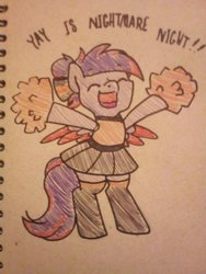 Size: 1536x2048 | Tagged: safe, artist:paperbagpony, oc, oc only, pegasus, pony, cheerleader, crossdressing, male, pegasus oc, pom pom, traditional art