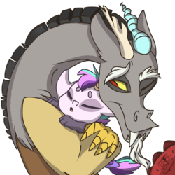Size: 1000x1000 | Tagged: safe, artist:glitterstar2000, discord, oc, oc:nayade, draconequus, hybrid, g4, duo, father and daughter, female, hug, interspecies offspring, male, offspring, one eye closed, parent:discord, parent:princess celestia, parents:dislestia, simple background, white background