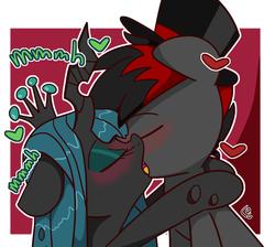 Size: 1544x1386 | Tagged: safe, artist:lou, queen chrysalis, oc, oc:varan, g4, blushing, canon x oc, eyes closed, female, french kiss, hat, kissing, male, red and black oc, straight, top hat