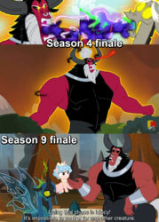 Size: 1021x1425 | Tagged: safe, edit, edited screencap, screencap, cozy glow, discord, lord tirek, queen chrysalis, g4, the ending of the end, twilight's kingdom, plothole