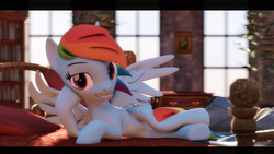 Size: 7600x4274 | Tagged: safe, artist:freasaloz, rainbow dash, pegasus, pony, g4, 3d, absurd resolution, bed, black bars, draw me like one of your french girls, female, letterboxing, lying down, mare, pillow, revamped ponies, solo, source filmmaker, wings