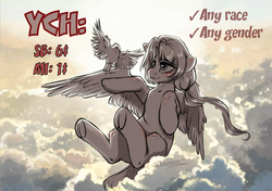 Size: 1080x759 | Tagged: safe, artist:nikameowbb, oc, oc only, alicorn, angel, bird, pegasus, pony, unicorn, advertisement, any gender, cloud, commission, commission info, cute, female, male, paypal, sky, skyrim, solo, the elder scrolls, wings, ych example, ych sketch, your character here