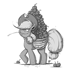 Size: 2000x2000 | Tagged: safe, artist:nekr0ns, applejack, earth pony, pony, g4, apple, apple basket, basket, female, food, grayscale, hair over one eye, high res, looking at you, mare, messy hair, monochrome, raised hoof, screentone, simple background, smiling, smirk, solo, straw in mouth, white background