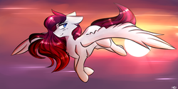 Size: 2400x1200 | Tagged: safe, artist:apollnik, artist:spotsy47, oc, oc only, pegasus, pony, blushing, floppy ears, flying, lidded eyes, looking at you, sidemouth, smiling, solo, sunset