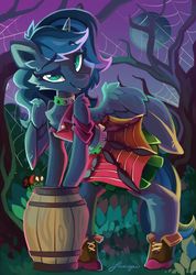 Size: 1280x1799 | Tagged: dead source, safe, artist:saxopi, princess luna, alicorn, insect, semi-anthro, g4, arm hooves, barrel, choker, clothes, costume, female, halloween, halloween costume, holiday, mare, shoes, spider web, spiked choker