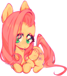 Size: 601x673 | Tagged: safe, artist:pictorch, derpibooru exclusive, fluttershy, pegasus, pony, g4, chibi, cute, female, lying down, prone, shyabetes, simple background, solo, transparent background, watermark