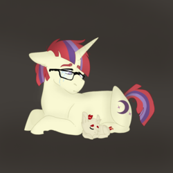 Size: 1000x1000 | Tagged: safe, artist:xsugarxwolfiex, moondancer, oc, oc:daydreamer, pony, unicorn, g4, brown background, colt, crying, duo, female, floppy ears, foal, male, mare, mother and son, offspring, parent:moondancer, prone, simple background, story included