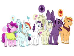 Size: 1497x1148 | Tagged: safe, artist:xsugarxwolfiex, applejack, fluttershy, pinkie pie, rainbow dash, rarity, twilight sparkle, alicorn, earth pony, pegasus, pony, unicorn, g4, alternate hairstyle, bandaid, clothes, cloven hooves, coat markings, cutie mark, female, floral head wreath, flower, goggles, line-up, mane six, mare, missing accessory, neckerchief, redesign, scar, shirt, simple background, size comparison, smiling, spread wings, straw in mouth, transparent background, twilight sparkle (alicorn), unshorn fetlocks, wings