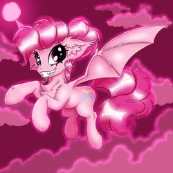 Size: 2500x2500 | Tagged: safe, artist:rurihal, pinkie pie, bat pony, pony, g4, bat ponified, female, flying, grin, high res, looking at you, pinkiebat, race swap, smiling, solo