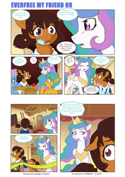 Size: 6197x8760 | Tagged: safe, artist:jeremy3, princess celestia, oc, oc:miss becky, alicorn, earth pony, pegasus, pony, comic:everfree, comic:everfree my friend, g4, absurd resolution, apple, bandage, cast, chalkboard, clothes, comic, drawing, food, school, school desk