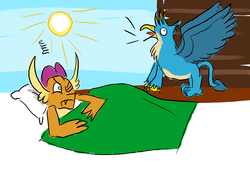 Size: 1400x1000 | Tagged: safe, artist:horsesplease, gallus, smolder, bird, dragon, griffon, g4, angry, bed, behaving like a bird, blanket, crowing, derp, dragoness, fangs, female, frown, gallus the rooster, glare, griffons doing bird things, grumpy, male, morning, one eye closed, open mouth, pillow, sleeping, smolder is not amused, spread wings, sun, tongue out, unamused, waking up, wat, wide eyes, wings, wink