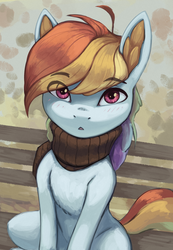 Size: 1300x1875 | Tagged: safe, artist:mrscroup, rainbow dash, pegasus, pony, g4, blushing, clothes, cute, ear fluff, female, looking at you, mare, scarf, sitting, solo