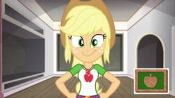 Size: 400x225 | Tagged: safe, screencap, applejack, diy with applejack, equestria girls, equestria girls series, g4, spoiler:eqg series (season 2), clothes, collar, cowboy hat, cute, denim, denim skirt, female, geode of super strength, goofy smile, hand on hip, happlejack, hat, jackabetes, jewelry, looking at you, magical geodes, necklace, photo, ponytail, shirt, skirt, smiling, smiling at you, solo, t-shirt, teenager