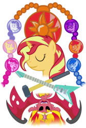 Size: 2505x3730 | Tagged: safe, artist:sketchmcreations, applejack, fluttershy, pinkie pie, rainbow dash, rarity, sci-twi, sunset shimmer, twilight sparkle, earth pony, pegasus, pony, unicorn, equestria girls, g4, electric guitar, empty eyes, equestria girls ponified, eyes closed, female, geode of empathy, geode of fauna, geode of shielding, geode of sugar bombs, geode of super speed, geode of super strength, geode of telekinesis, guitar, hammer, happy birthday mlp:fim, high res, magical geodes, mlp fim's ninth anniversary, musical instrument, open mouth, ponified, simple background, sledgehammer, sunset satan, transparent background, unicorn sci-twi, vector