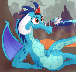 Size: 2155x2043 | Tagged: safe, artist:sixes&sevens, princess celestia, princess ember, g4, dragon lands, dragon lord ember, high res, inktober, inktober 2019, lava, size difference