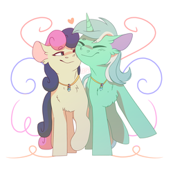 Size: 2000x2000 | Tagged: safe, artist:glitterstar2000, bon bon, lyra heartstrings, sweetie drops, earth pony, pony, unicorn, g4, the big mac question, digital art, ear fluff, engagement ring, eyes closed, female, high res, jewelry, lesbian, mare, necklace, ship:lyrabon, shipping, smiling