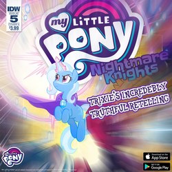 Size: 1080x1080 | Tagged: safe, artist:tony fleecs, gameloft, idw, trixie, pony, unicorn, g4, my little pony: nightmare knights, official, spoiler:comic, cape, clothes, female, mare, misspelling, my little pony logo, solo, text, trixie's cape