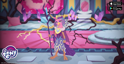 Size: 1200x630 | Tagged: safe, gameloft, idw, princess eris, sarimanok, g4, nightmare knights, official, spoiler:comic, female, idw showified, my little pony logo, solo, staff, staff of sacanas