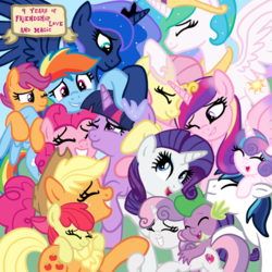 Size: 2100x2100 | Tagged: safe, artist:sjart117, apple bloom, applejack, fluttershy, pinkie pie, princess cadance, princess celestia, princess flurry heart, princess luna, rainbow dash, rarity, scootaloo, shining armor, spike, sweetie belle, twilight sparkle, alicorn, dragon, earth pony, pegasus, pony, unicorn, g4, applejack's hat, cowboy hat, crying, cutie mark crusaders, end of an era, end of ponies, eyes closed, female, filly, foal, freckles, grass, grin, group, group hug, group shot, happy, happy birthday mlp:fim, hat, high res, hoof hold, hug, jewelry, male, mane six, mare, mlp fim's ninth anniversary, raised hoof, regalia, sky, smiling, spread wings, stallion, wings