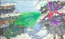 Size: 2316x1396 | Tagged: safe, artist:mkd, queen chrysalis, starlight glimmer, anthro, g4, the ending of the end, angry, fight, laughing, magic, snow, starlight vs chrysalis, traditional art, ultimate chrysalis, wind
