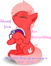 Size: 2229x2892 | Tagged: safe, artist:arifproject, oc, oc only, oc:downvote, earth pony, pony, derpibooru, g4, crying, derpibooru ponified, end of ponies, happy birthday mlp:fim, high res, holding, meta, mlp fim's ninth anniversary, my little pony logo, ponified, simple background, sitting, smiling, solo, tears of joy, transparent background, vector