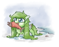 Size: 2560x2048 | Tagged: safe, artist:sugar morning, oc, oc only, oc:lief, fish, pegasus, pony, salmon, actually salmon for once, chibi, cute, female, food, high res, mare, meat, mouth hold, ponies eating meat, unshorn fetlocks, water, watercolor painting, wet