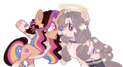 Size: 1280x698 | Tagged: safe, artist:moon-rose-rosie, artist:nocturnal-moonlight, oc, oc only, oc:melanie (moon-rose-rosie), oc:valentina misfortune, pegasus, pony, unicorn, bandaid, base used, boop, brown eyes, chest fluff, choker, closed mouthj, clothes, coat markings, collar, colored hooves, duo, ear fluff, facial markings, female, flower, flower in hair, folded wings, hair over one eye, halo, hoof polish, horn, lightly watermarked, mare, multicolored hair, noseboop, open mouth, pale belly, pegasus oc, pigtails, pink eyes, raised hoof, simple background, smiling, snip (coat marking), socks, socks (coat markings), stars, transparent background, unicorn oc, watermark, wings