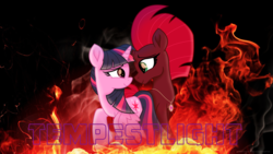Size: 3840x2160 | Tagged: safe, artist:ejlightning007arts, tempest shadow, twilight sparkle, alicorn, pony, unicorn, g4, broken horn, cute, female, fire, high res, horn, lesbian, locket, looking at each other, ship:tempestlight, shipping, twilight sparkle (alicorn), wallpaper