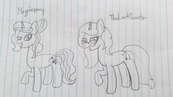 Size: 4032x2268 | Tagged: safe, artist:asiandra dash, oc, oc only, oc:curse word, oc:magpie, pony, unicorn, glasses, lined paper, magpiepony, pencil drawing, thelostnarrator, traditional art