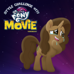 Size: 2000x2000 | Tagged: safe, artist:knadire, oc, oc only, oc:cell shader, pony, unicorn, g4, my little pony: the movie, artist, brown eyes, brown mane, crying, curly hair, curly mane, female, film reel, gradient, gradient background, happy, high res, mare, movie accurate, paintbrush, shading, simple background, solo, style challenge, tears of joy