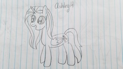 Size: 4032x2268 | Tagged: safe, artist:asiandra dash, alicorn, pony, ashleyh, female, lined paper, open mouth, pencil drawing, solo, traditional art