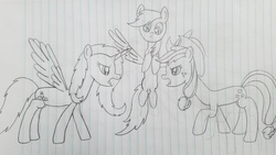Size: 4032x2268 | Tagged: safe, artist:asiandra dash, applejack, rainbow dash, oc, oc:rainbowrio, alicorn, earth pony, pegasus, pony, g4, :<, argument, cute, dashabetes, female, floating, flying, hat, lined paper, open mouth, pencil drawing, solo, spread wings, traditional art, wings