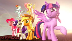 Size: 1920x1080 | Tagged: safe, artist:sky chaser, applejack, fluttershy, pinkie pie, rainbow dash, rarity, twilight sparkle, alicorn, earth pony, pegasus, pony, unicorn, g4, 3d, applejack's hat, cowboy hat, eyes closed, flying, grin, hat, horn, jumping, mane six, raised hoof, revamped ponies, smiling, source filmmaker, text, twilight sparkle (alicorn), wings