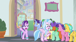 Size: 350x197 | Tagged: safe, screencap, berry blend, berry bliss, citrine spark, huckleberry, november rain, peppermint goldylinks, silverstream, starlight glimmer, classical hippogriff, earth pony, hippogriff, pegasus, pony, unicorn, g4, student counsel, background pony, bow, butt, female, friendship student, hair bow, male, mare, plot, quill, raised hoof, stallion