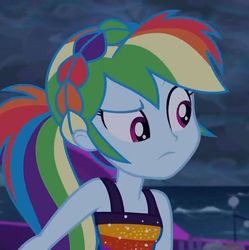 Size: 717x720 | Tagged: safe, screencap, rainbow dash, equestria girls, equestria girls series, g4, spring breakdown, spoiler:eqg series (season 2), bare shoulders, clothes, confused, cropped, cruise concert outfit, cute, dashabetes, dress, eyebrows, female, headband, photo, ponytail, raised eyebrow, sleeveless, sleeveless dress, solo