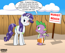 Size: 1995x1630 | Tagged: safe, artist:gradiusfanatic, rarity, spike, dragon, pony, unicorn, g4, beach, bikini, blushing, clothes, duo, embarrassed, engrish, female, fence, green swimsuit, male, mare, nude beach, orange swimsuit, sign, swimming trunks, swimsuit, we don't normally wear clothes, winged spike, wings