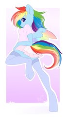 Size: 2261x4096 | Tagged: safe, artist:kebchach, rainbow dash, pegasus, anthro, unguligrade anthro, g4, ass, beautiful, breasts, butt, clothes, colored wings, female, looking at you, looking back, looking back at you, miniskirt, moe, multicolored wings, rainbow wings, schrödinger's pantsu, shirt, simple background, skirt, smiling at you, socks, solo, stockings, t-shirt, thigh highs, wings, zettai ryouiki