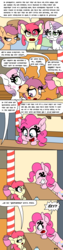 Size: 750x3000 | Tagged: safe, artist:bjdazzle, apple bloom, pinkie pie, scootaloo, sweetie belle, earth pony, pegasus, pony, unicorn, season 9 retirement party, g4, growing up is hard to do, alternate scenario, apple bloom is not amused, bad parenting, bell, blushing, breaking the fourth wall, burn, chest fluff, comic, cutie mark crusaders, embarrassed, female, filly, implied applejack, implied aunt holiday, implied auntie lofty, implied carrot cake, implied cookie crumbles, implied cup cake, implied granny smith, implied hondo flanks, implied rainbow dash, implied rarity, mare, oh no she didn't, scootaloo is not amused, sugarcube corner, unamused
