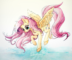 Size: 2400x2000 | Tagged: safe, artist:zetamad, fluttershy, pegasus, pony, g4, colored hooves, cracks, cute, female, flying, high res, ice, inktober, inktober 2019, looking at something, looking down, mare, marker drawing, open mouth, shyabetes, solo, spread wings, traditional art, unshorn fetlocks, wings