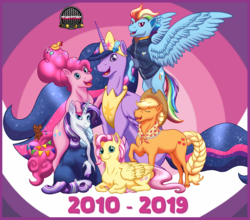 Size: 2500x2200 | Tagged: safe, artist:pearlescent, applejack, fluttershy, pinkie pie, rainbow dash, rarity, twilight sparkle, alicorn, earth pony, pegasus, pony, unicorn, g4, season 9, the last problem, 9 years, applejack's hat, clothes, cowboy hat, end of ponies, granny smith's shawl, group photo, hat, high res, hoers, mane six, mane six opening poses, memories, older, older applejack, older fluttershy, older mane six, older pinkie pie, older rainbow dash, older rarity, older twilight, older twilight sparkle (alicorn), princess twilight 2.0, tribute, twilight sparkle (alicorn)