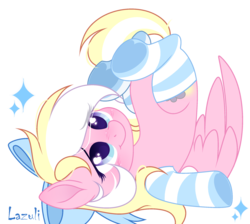 Size: 2314x2070 | Tagged: safe, alternate version, artist:mint-light, oc, oc only, oc:bay breeze, pegasus, pony, blushing, bow, clothes, commission, cute, female, hair bow, high res, looking up, mare, ocbetes, simple background, socks, striped socks, tail bow, transparent background, underhoof, ych result