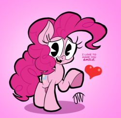 Size: 2247x2189 | Tagged: safe, artist:joeywaggoner, pinkie pie, earth pony, pony, g4, digital art, female, gradient background, heart, high res, mare, pac-man eyes, raised hoof, signature, smiling, solo, speech
