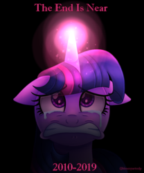 Size: 688x828 | Tagged: safe, artist:kimmyartmlp, twilight sparkle, alicorn, pony, g4, season 9, the ending of the end, black background, crying, crylight sparkle, dark, end of ponies, faic, female, floppy ears, glowing horn, horn, mare, simple background, teary eyes, twilight sparkle (alicorn)