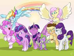 Size: 1032x774 | Tagged: safe, artist:cozmicpandawolf, applejack, fluttershy, pinkie pie, rainbow dash, rarity, spike, starlight glimmer, twilight sparkle, alicorn, dragon, earth pony, pegasus, pony, unicorn, g4, colored hooves, colored wings, colored wingtips, cowboy hat, end of ponies, female, flying, grin, hat, hooves to the chest, looking at each other, male, mane eight, mane seven, mane six, mare, outdoors, rainbow trail, smiling, spread wings, twilight sparkle (alicorn), winged spike, wings