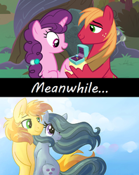 Size: 1280x1616 | Tagged: safe, artist:dreamscapevalley edits, edit, edited screencap, screencap, big macintosh, braeburn, marble pie, sugar belle, earth pony, pony, unicorn, g4, the big mac question, a happy ending for marble pie, appleloosa, braeble, female, male, mare, ponyville, ship:sugarmac, shipping, sometime later..., stallion, straight