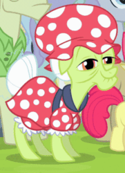 Size: 323x445 | Tagged: safe, screencap, apple bloom, granny smith, pony, g4, leap of faith, :o, animated, cropped, female, gif, hat, offscreen character, open mouth, swimming cap
