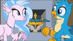 Size: 511x288 | Tagged: safe, edit, edited screencap, screencap, aurora (g4), gallus, king grover, silverstream, yickslur, classical hippogriff, griffon, hippogriff, a matter of principals, g4, animated, blatant lies, blue text, blushing, crown, cute, date, diastreamies, female, gallabetes, gif, implied gallstream, implied shipping, implied straight, jewelry, male, pink text, regalia, ship:gallstream, shipping, straight, teenager, tsundere
