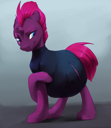 Size: 887x1020 | Tagged: safe, artist:sinfoe, tempest shadow, pony, unicorn, g4, belly, big belly, blushing, broken horn, clothes, commission, crossed hooves, embarrassed, eye scar, female, horn, mare, pregest shadow, pregnant, scar, solo, torn clothes, wardrobe malfunction