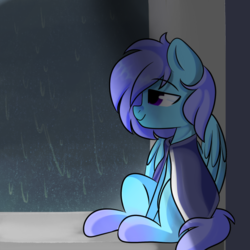 Size: 676x676 | Tagged: safe, artist:thieftea, oc, oc only, oc:barmy, pegasus, pony, clothes, female, happy, mare, rain, sleepy, smiling, solo, tired, window, ych result