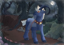 Size: 1024x728 | Tagged: safe, artist:dinosaphira99, grogar, bat, sheep, g4, antagonist, cloven hooves, collar, deviantart watermark, eyebrows, fangs, horns, mist, moon, mushrooms, night, obtrusive watermark, ram, rock, tree, watermark